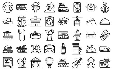 Emeklilik seyahat simgeleri ana hat vektörünü ayarlar. Sağlık sigortası