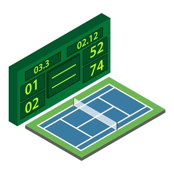 Ikona tenisového turnaje je izometrický vektor. Modrý tenisový kurt digitální skóre deska — Stockový vektor