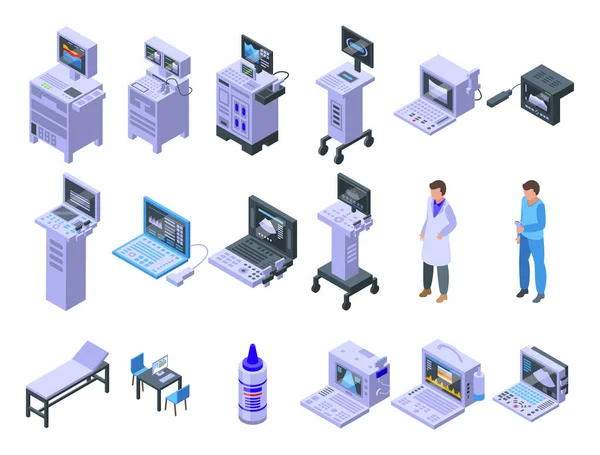 Los iconos del sonógrafo establecen el vector isométrico. Análisis clínico — Vector de stock