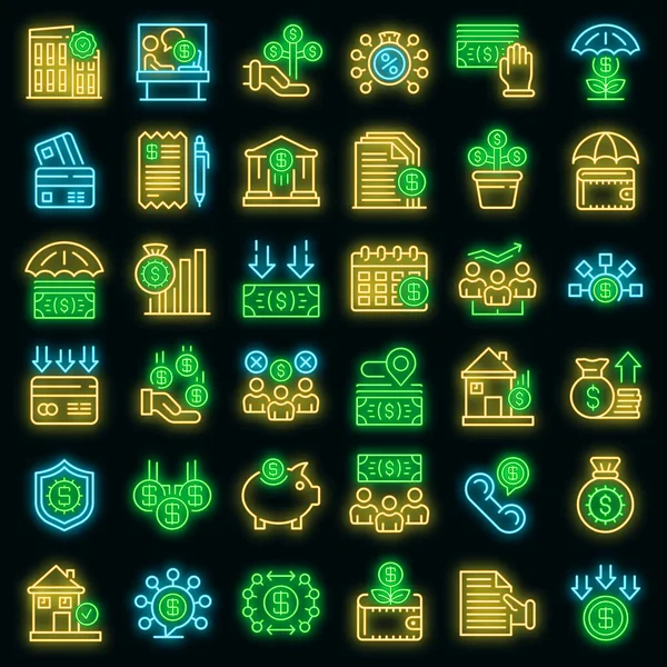 Icone delle sovvenzioni impostate al neon vettoriale — Vettoriale Stock