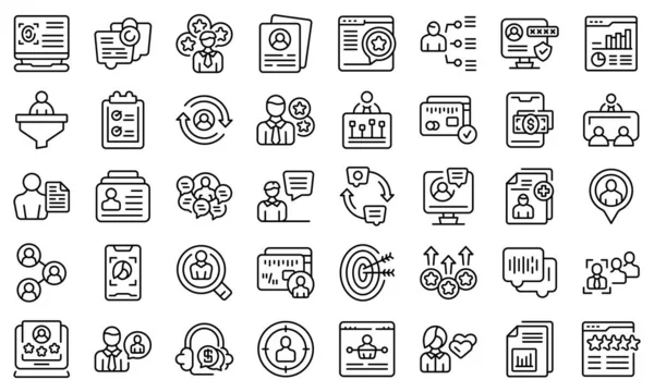 Conozca los iconos de su cliente conjunto contorno vector. Datos de cms de tarjeta — Vector de stock