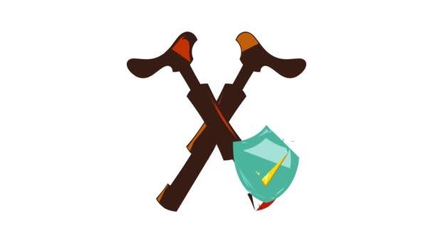 十字型の松葉杖と空の青い盾のアイコンアニメーション — ストック動画