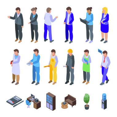 Meslektaşlık simgeleri izometrik vektör belirledi. Çalışma alanı