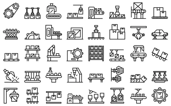 Seriële productie pictogrammen set outline vector. Industriële partij — Stockvector