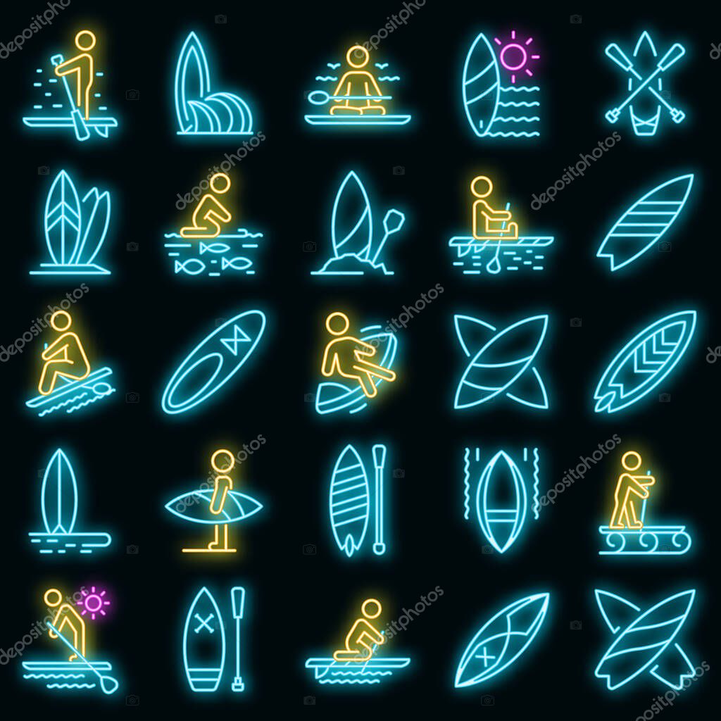 Sup surfing icons set. Outline set of sup surfing vector icons neon color on black