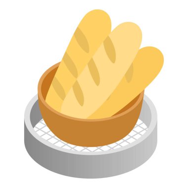 Fırın ürünü izometrik vektörü. Beyaz taze çıtır ekmek ve un eleği