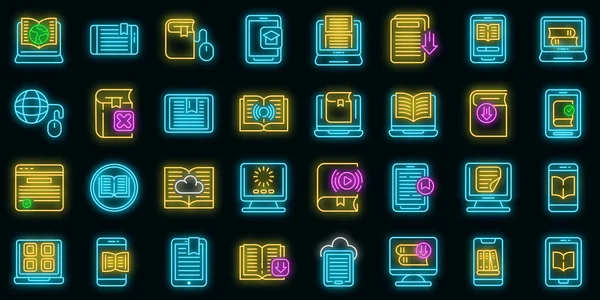 Iconos de aplicación de libro electrónico set vector neón — Vector de stock