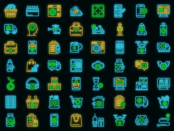 Ícones de entrega de drogas definir neon vetor —  Vetores de Stock