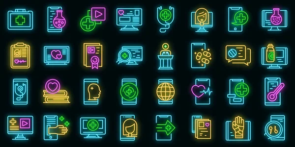 Iconos de telemedicina conjunto de neón vector — Vector de stock