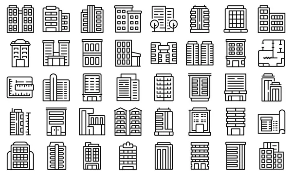 Mehrstöckige Gebäude-Symbole geben Umrissvektoren vor. Innenarchitektur — Stockvektor