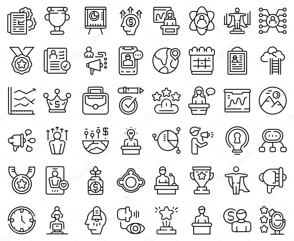 Motivational speaker icons set outline vector. Human discussion