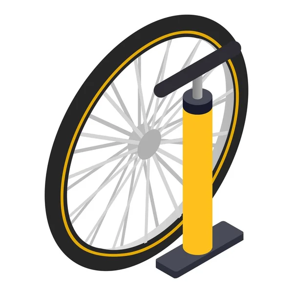 Icono de la bomba de bicicleta vector isométrico. Rueda de bicicleta y bomba de aire de bicicleta amarilla — Archivo Imágenes Vectoriales