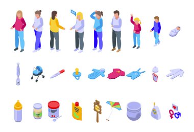 Annelik simgeleri izometrik vektör belirledi. Emzirme sütü