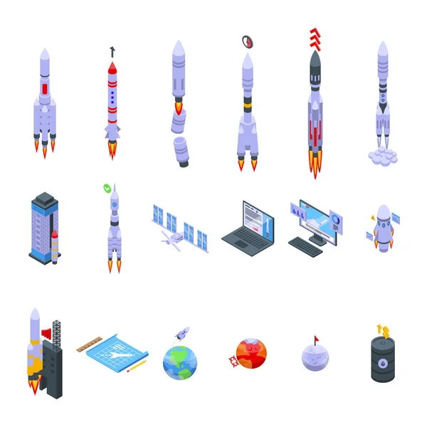 Spacecraft launch icons set isometric vector. Rocket ship — Stock Vector