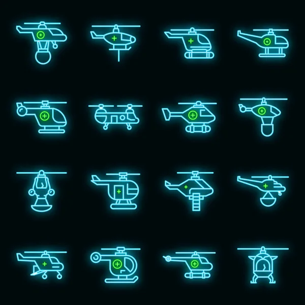 Reddingshelikopter pictogrammen ingesteld vector neon — Stockvector