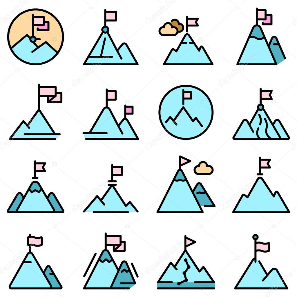 Flag on mountain icons set vector flat