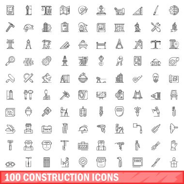 100 inşaat Icons set, anahat stili
