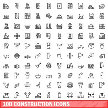 100 inşaat Icons set, anahat stili