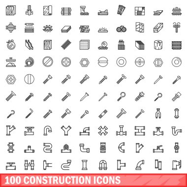 100 inşaat Icons set, anahat stili
