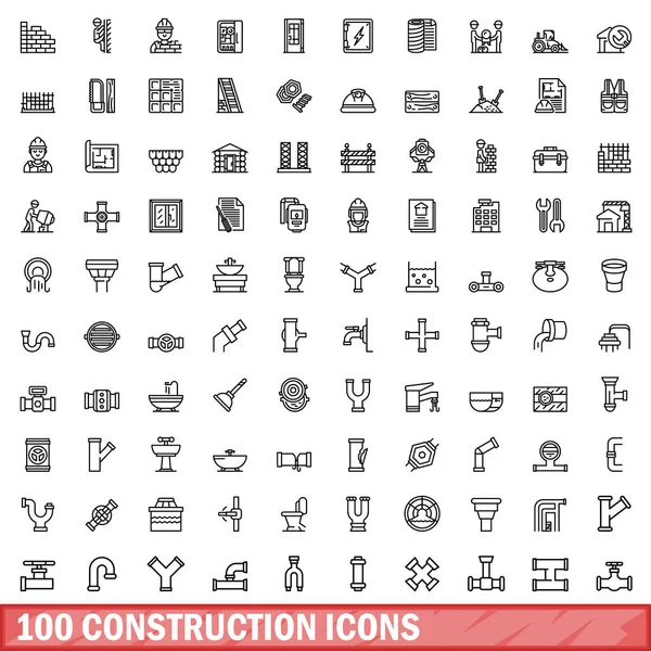 100 inşaat Icons set, anahat stili