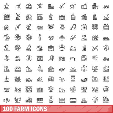 100 çiftlik Icons set, anahat stili