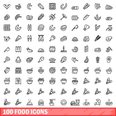 100 gıda Icons set, anahat stili
