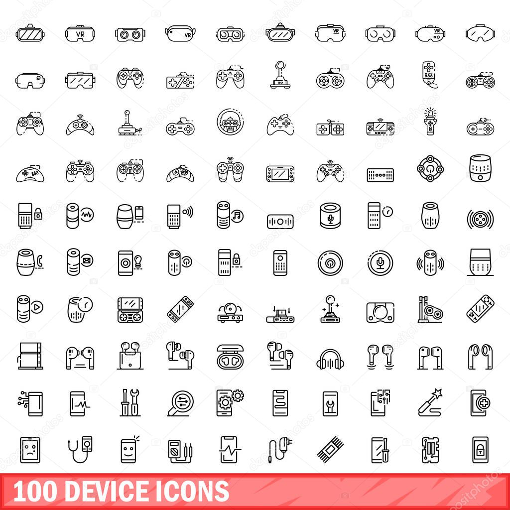 100 device icons set, outline style