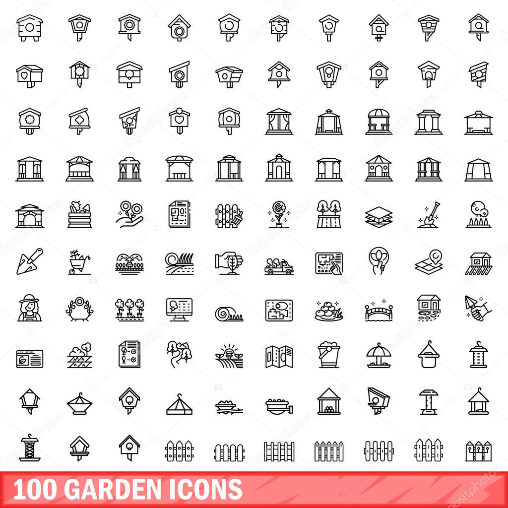 100 garden icons set, outline style