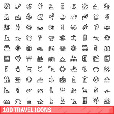 100 seyahat Icons set, anahat stili