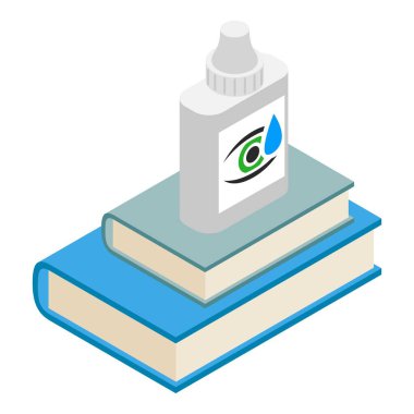 Göz bakımı ikonu izometrik vektörü. Göz damlası ve iki mavi kitap ikonu.