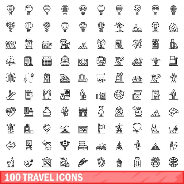Conjunto de 100 iconos de viaje, estilo de esquema — Vector de stock