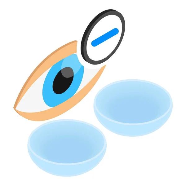 Icono de cuidado de la visión vector isométrico. Lentes de contacto de ojos humanos abiertos y signo negativo — Vector de stock