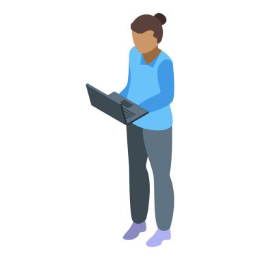 Serbest çalışan kız ikon izometrik vektörü. Ev ödevi