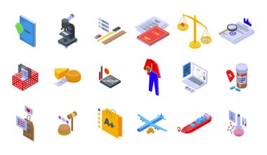 Regulated products icons set isometric vector. Control quality clipart