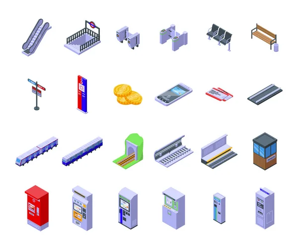 Iconen van de metrokaartautomaat stellen isometrische vector in. Afgifte atm — Stockvector