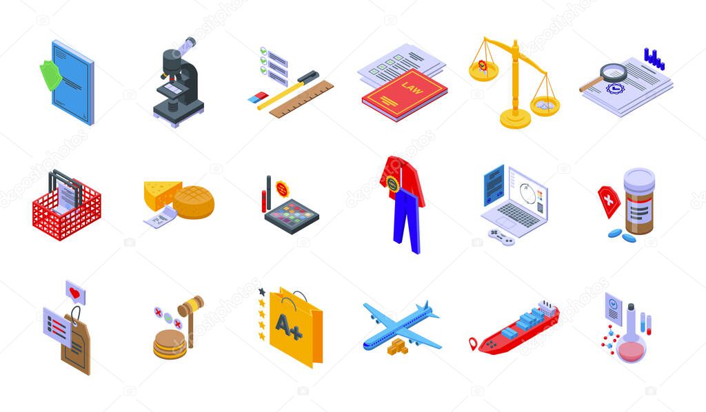 Regulated products icons set isometric vector. Control quality