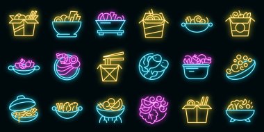 Wok menü simgeleri vektör neonlarını ayarlayın