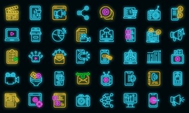 Sosyal medya pazarlama simgeleri vektör neonu belirledi