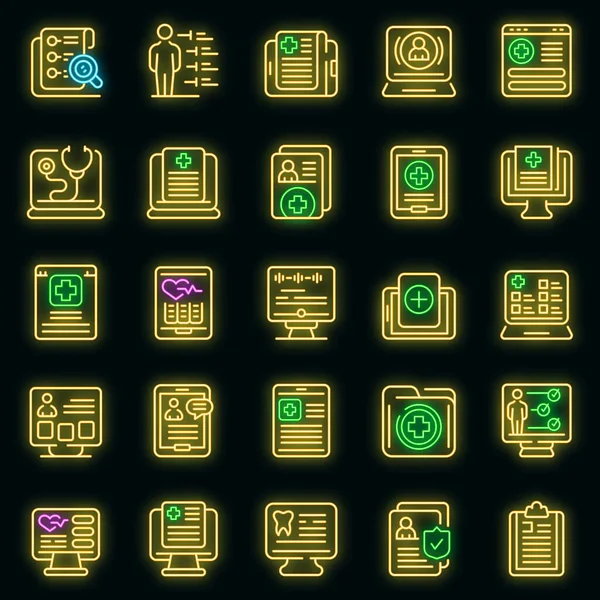 Iconos electrónicos de tarjetas de paciente set vector neón — Vector de stock