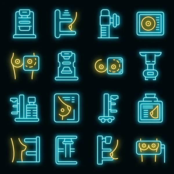 Mamografía máquina iconos conjunto vector neón — Archivo Imágenes Vectoriales