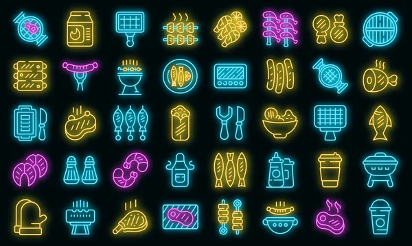 Iconos de alimentos a la parrilla conjunto vector de neón — Archivo Imágenes Vectoriales