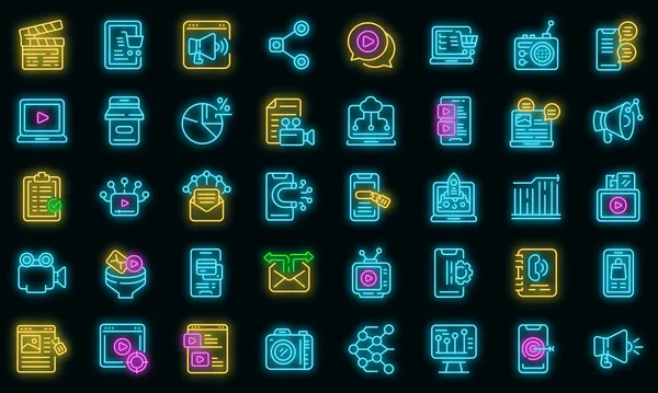 Social media marketing pictogrammen set vector neon — Stockvector