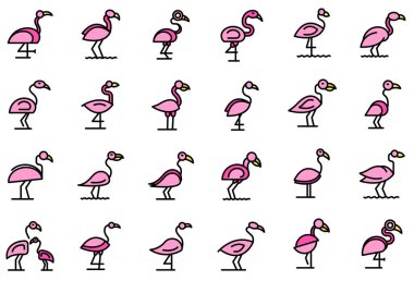 Flamingo simgeleri çizgi renk vektörünü ayarla