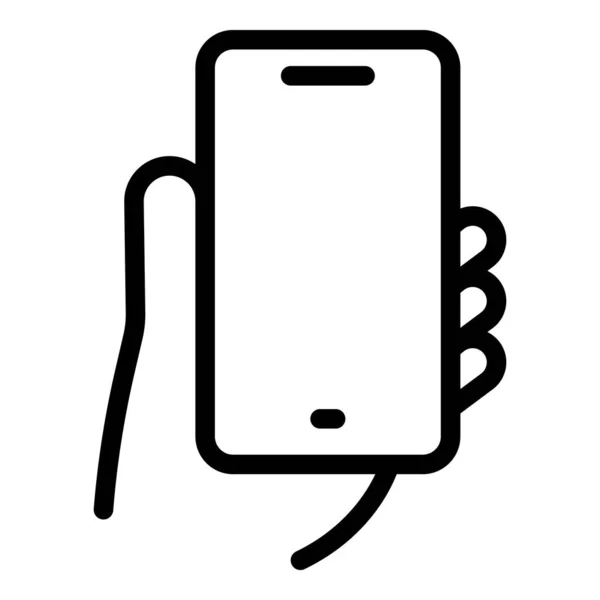 Hand houden mobiele telefoon pictogram contouren vector. Aanraking smartphone — Stockvector