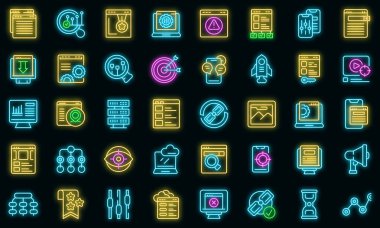 Arama motoru optimizasyon simgeleri vektör neonunu ayarla