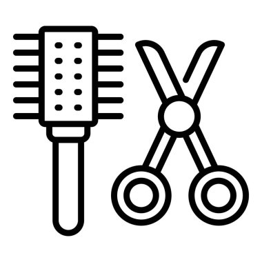 Saç fırçası makas ikon ana hatları vektörü. Salon taraması