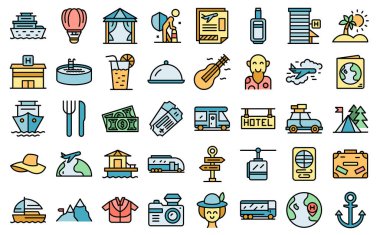 Emeklilik seyahat simgeleri çizgi renk vektörünü ayarla