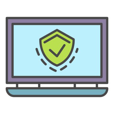 Korumalı dizüstü bilgisayar simgesi renk ana hatları vektörü