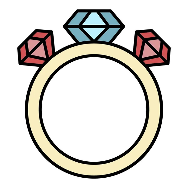 Prsten se třemi diamanty ikony barva obrysu vektor — Stockový vektor