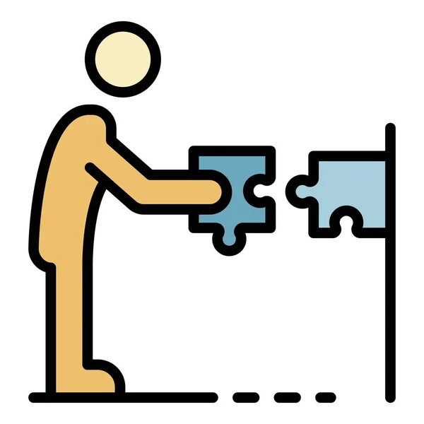 Mann nimmt Puzzle-Symbol Farbe Umrissvektor — Stockvektor